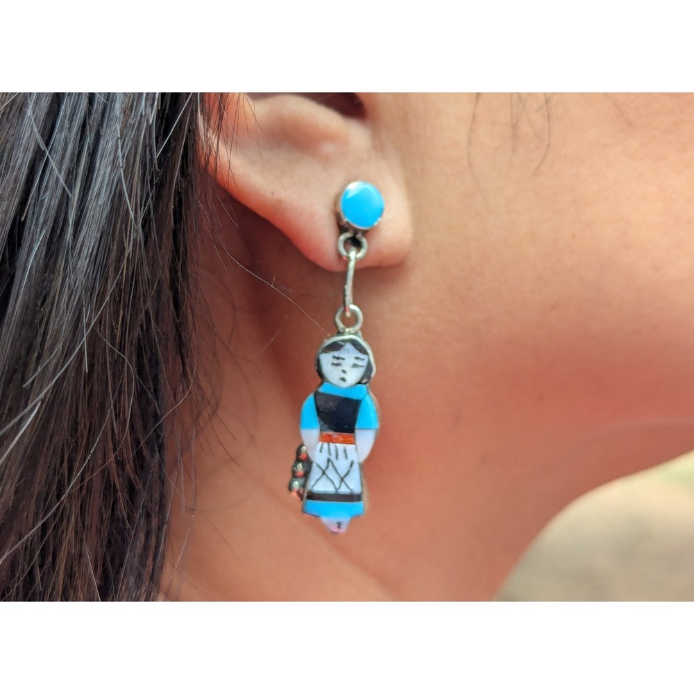 Handmade Native American Earrings Signed‎ Silver Zuni Corn Maiden Kachina **